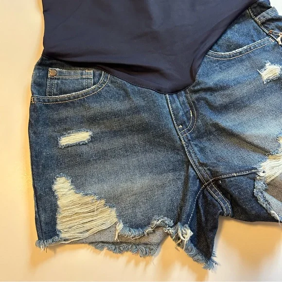 Pinkblush Dark Wash Distressed Raw Hem Maternity Full Panel Shorts - Picture 4 of 8